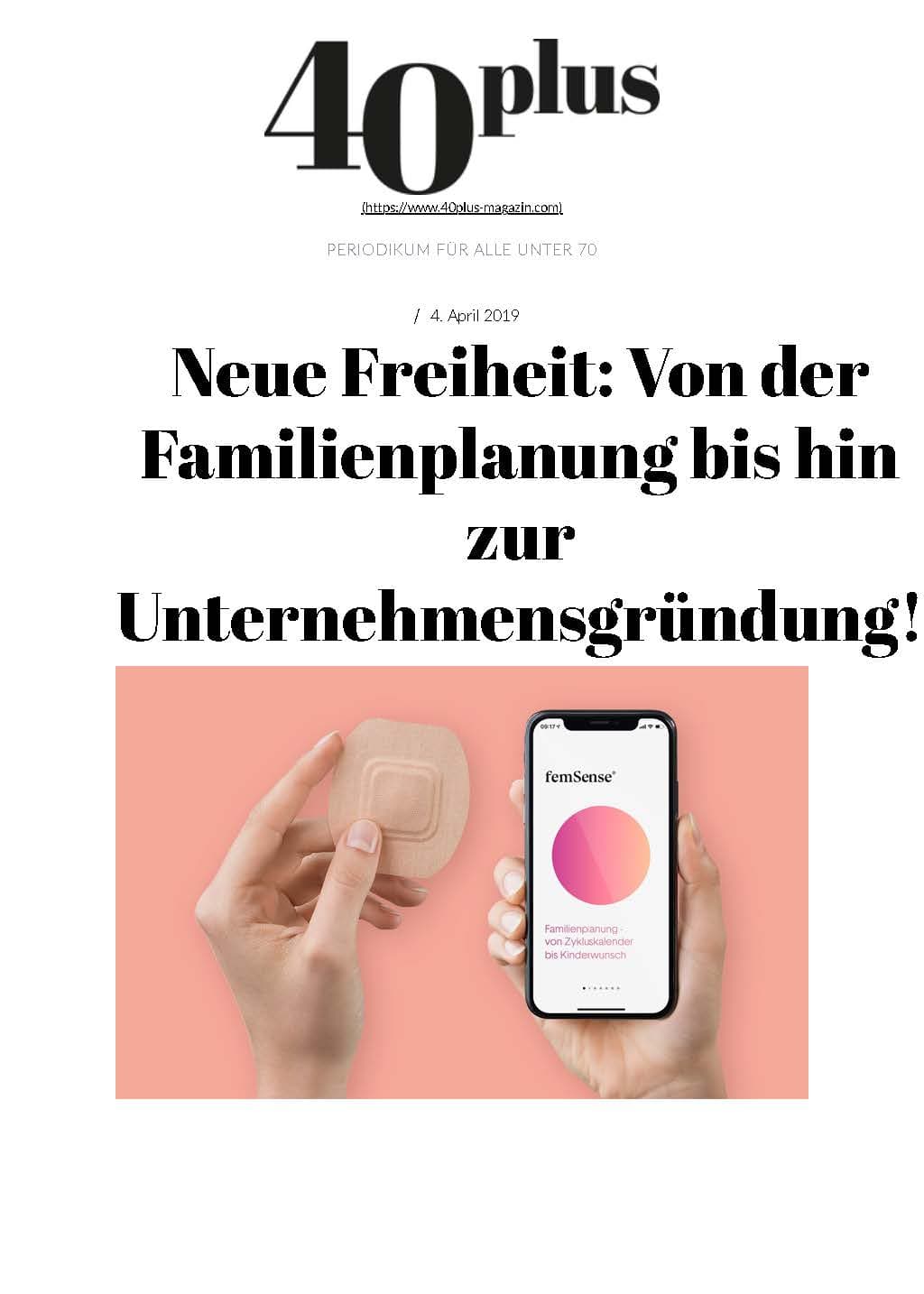Magazin 40plus on 4. April 2019 writes about femSense, page 1